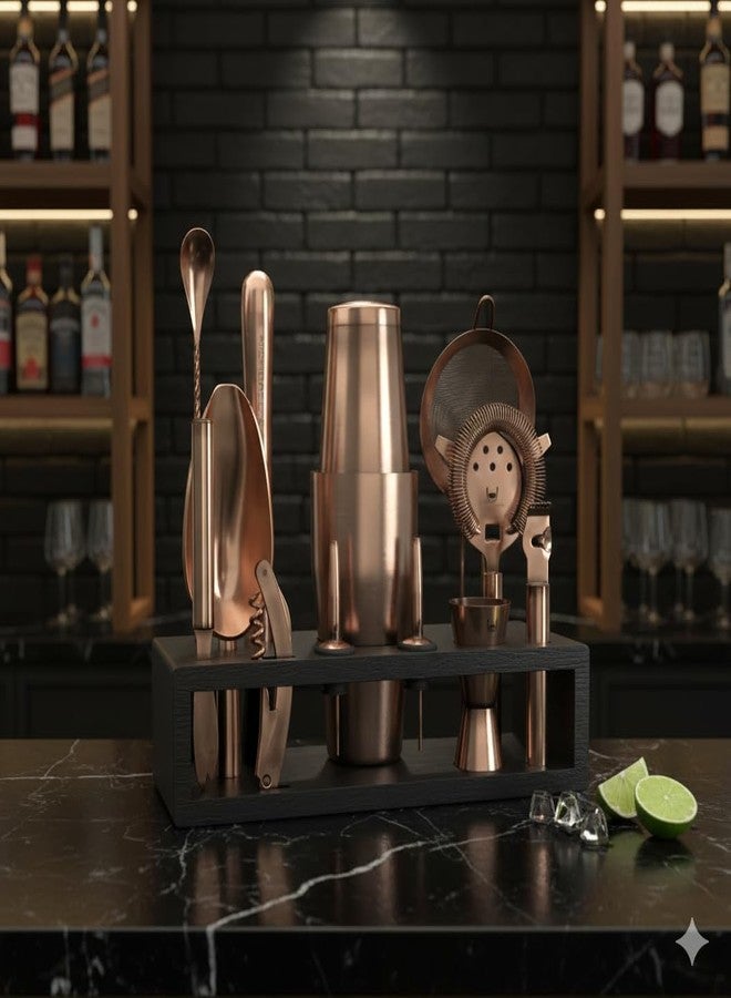Highball  Chaser Highball & Chaser Bartender Kit with Black Bamboo Stand Beautiful Cocktail Shaker Set and Bar Tools Stainless Steel Boston Shaker Bartender Kit with Stand (Antique Copper) - Image 2